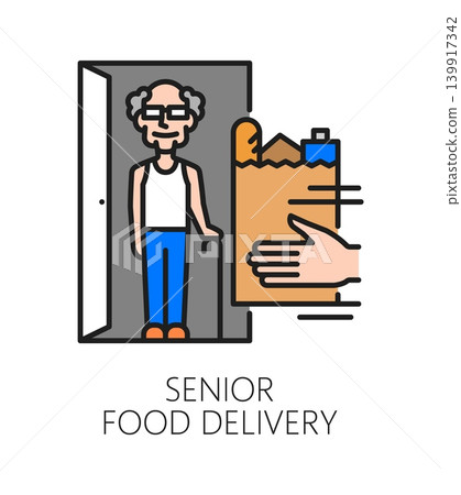 Elderly care service food delivery color line icon. Old people social support symbol, elderly nursing and care service vector sign. Seniors help center icon with old man receiving food delivery 139917342