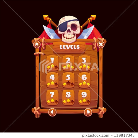 Pirate and corsair game level selector. Cartoon Ui menu interface, app window with skull in eye patch, crossed swords, wooden panel grid, numbered tiles, star ratings, navigation buttons and flags Pirate and corsair game level selector. Cartoon Ui menu interface, app window with skull in eye patch, crossed swords, wooden panel grid, numbered tiles, star ratings, navigation buttons and flags 139917343