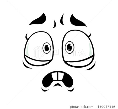 Funny cartoon face showing scared and worried emotion. Comic emoji character with wide bulging eyes, raised brows and trembling mouth with clenched teeth. Face with panic emotion for education Funny cartoon face showing scared and worried emotion. Comic emoji character with wide bulging eyes, raised brows and trembling mouth with clenched teeth. Face with panic emotion for education 139917346