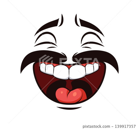 Cartoon laughing face expression with mustaches, wide open mouth, visible teeth and tongue. Funny happy face emotion, comic character emoji conveying joy, amusement and cheeky humor communication Cartoon laughing face expression with mustaches, wide open mouth, visible teeth and tongue. Funny happy face emotion, comic character emoji conveying joy, amusement and cheeky humor communication 139917357