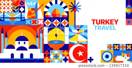 Turkey travel banner with geometric mosaic pattern. Turkish culture tiles of mosque with dome and minaret, crescent and star motif, traditional coffee pot, fountain, nazar eye, whirling dervish figure Turkey travel banner with geometric mosaic pattern. Turkish culture tiles of mosque with dome and minaret, crescent and star motif, traditional coffee pot, fountain, nazar eye, whirling dervish figure 139917358