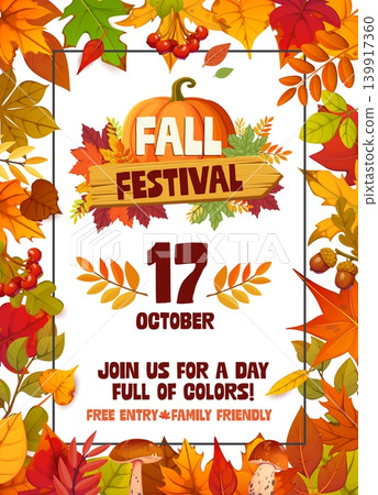 Autumn fall festival party flyer with pumpkin harvest season holiday, vector invitation poster. Autumn party flyer for family picnic celebration with frame of maple leaves, oak acorns and mushrooms Autumn fall festival party flyer with pumpkin harvest season holiday, vector invitation poster. Autumn party flyer for family picnic celebration with frame of maple leaves, oak acorns and mushrooms 139917360