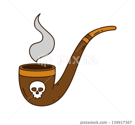 Smoking tobacco pipe with skull decoration and gray fog. Pirates brown wooden pipe featuring white skull motif on bowl and curling plume of gray smoke. Cartoon icon for nautical adventure posters 139917367