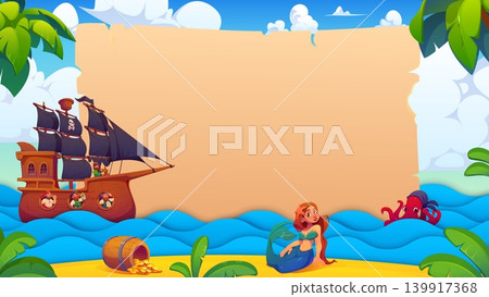 Papercut pirate banner with sail ship, funny sailors, mermaid and blue sea waves. Pirate banner with octopus on sandy beach, gold coins, palm trees and blank parchment for kids party invitations 139917368