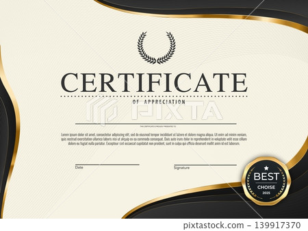 Diploma certificate, education award template with golden waves. Achievement certificate, graduation diploma. Product quality guarantee document with laurel wreath, golden lines and best choice seal Diploma certificate, education award template with golden waves. Achievement certificate, graduation diploma. Product quality guarantee document with laurel wreath, golden lines and best choice seal 139917370