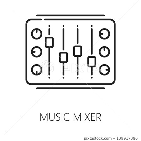 Music sound record mixer line icon or symbol. Music mixing equipment outline icon, audio mastering vector symbol. Sound recording studio pictogram with mixing device or equipment slides and nubs 139917386