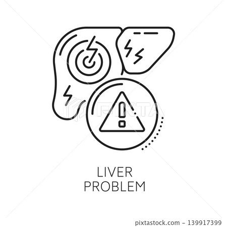 Chronic liver disease problem and therapy, medical line icon. Human organ health outline vector symbol. Liver gastrointestinal disease icon with liver and pain lightning and danger exclamation symbol Chronic liver disease problem and therapy, medical line icon. Human organ health outline vector symbol. Liver gastrointestinal disease icon with liver and pain lightning and danger exclamation symbol 139917399