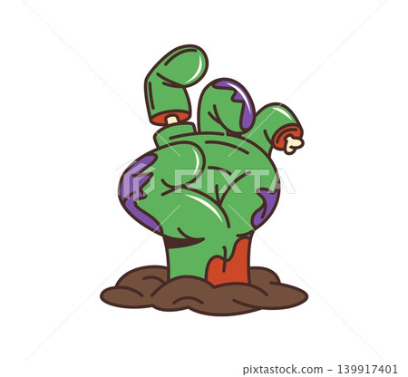 Halloween zombie corpse hand groovy sticker or tag. Creepy walking dead hand coming up from grave, groovy zombie hand sticker Halloween zombie corpse hand groovy sticker or tag. Creepy walking dead hand coming up from grave, groovy zombie hand sticker 139917401
