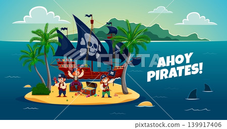 Kid pirates on tropical Caribbean island with treasure chest and corsair ship with Jolly Roger skull sails at sea or ocean. Kid boy pirate captain or girl corsair sailor with parrot on treasure island Kid pirates on tropical Caribbean island with treasure chest and corsair ship with Jolly Roger skull sails at sea or ocean. Kid boy pirate captain or girl corsair sailor with parrot on treasure island 139917406
