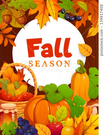 Thanksgiving and autumn fall banner with season harvest and leaves, vector background. Autumn fall season banner for Thanksgiving holiday with harvest pumpkins, apples and pears in baskets with honey Thanksgiving and autumn fall banner with season harvest and leaves, vector background. Autumn fall season banner for Thanksgiving holiday with harvest pumpkins, apples and pears in baskets with honey 139917408