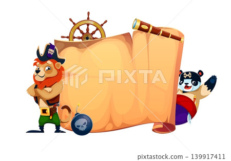Cartoon lion and panda animal pirates holding old paper scroll parchment with ship wheel and telescope above. Cheerful characters in pirate costumes for kids game UI, party invitations or book design 139917411