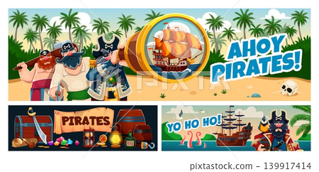 Cartoon pirate and corsair characters, kids party banners with captains and crew on tropical beach, sailing galleon seen through a spyglass, treasure chest overflowing with coins and sea tentacles Cartoon pirate and corsair characters, kids party banners with captains and crew on tropical beach, sailing galleon seen through a spyglass, treasure chest overflowing with coins and sea tentacles 139917414