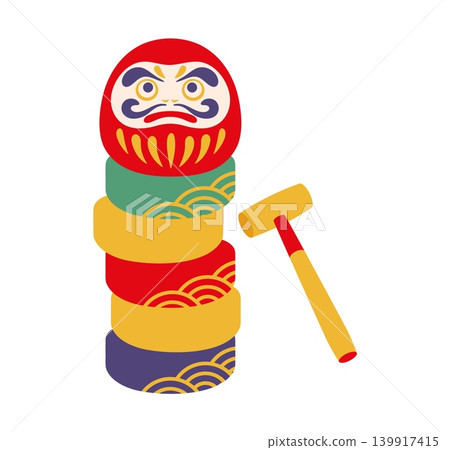 Japanese New Year daruma otoshi game icon with daruma doll perched on stacked multicolored rings beside a wooden mallet. Festive cultural Asian charm. Symbol of celebration, tradition and good luck 139917415