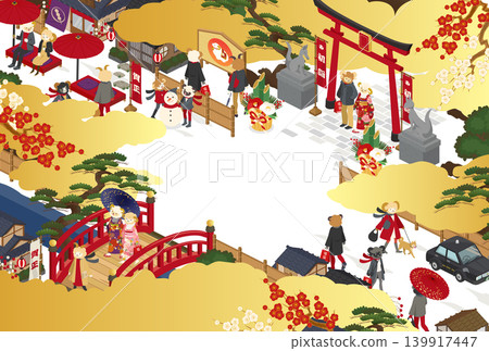 為2027年羊年新年賀卡範本設計的日式城鎮景觀和綿羊向量插圖。 為2027年羊年新年賀卡範本設計的日式城鎮景觀和綿羊向量插圖。 139917447