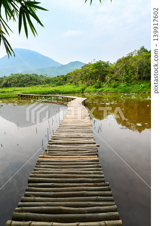 A vertical view of a traditional bamboo bridge over a calm lotus pond against mountains near My Son sanctuary in Quang Nam province Vietnam A vertical view of a traditional bamboo bridge over a calm lotus pond against mountains near My Son sanctuary in Quang Nam province Vietnam 139917602