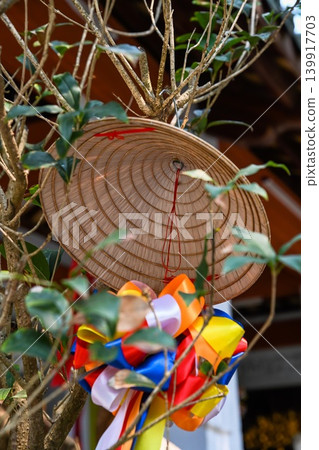 Close up of a traditional vietnamese conical hat non la hanging with vibrant colorful ribbons on a tree branch outdoor 139917703