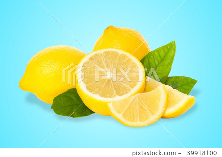 Fresh lemons and green leaves on a blue background Fresh lemons and green leaves on a blue background 139918100