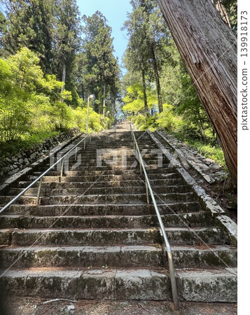 View of the stone steps from below the Bodhi Staircase at Kuonji Temple on Mount Minobu, Yamanashi Prefecture. 139918173
