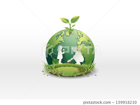 Children Planting a Tree on Earth Globe: Ecology and Sustainability Concept in Paper Cut Style Children Planting a Tree on Earth Globe: Ecology and Sustainability Concept in Paper Cut Style 139918210