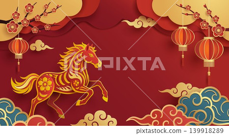 Chinese New Year 2026 Year of the Horse background. Red paper cut horse with plum blossoms, Chinese New Year 2026 Year of the Horse background. Red paper cut horse with plum blossoms, 139918289