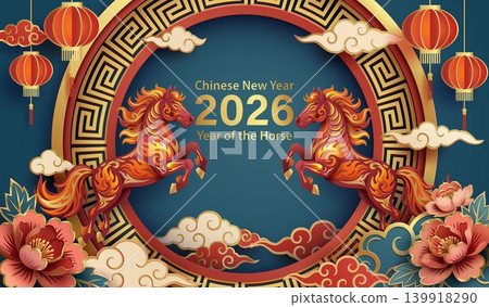 Year of the Horse. Two red horses facing each other on blue paper cut background. Year of the Horse. Two red horses facing each other on blue paper cut background. 139918290