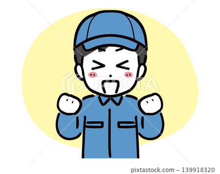 一名年輕的男工人揮拳慶祝(上半身,正面視角)。 一名年輕的男工人揮拳慶祝(上半身,正面視角)。 139918320