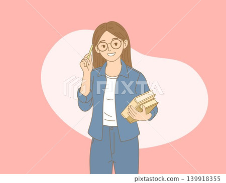 Smiling student girl holding books and pencil illustration Smiling student girl holding books and pencil illustration 139918355