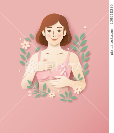 Breast self exam awareness illustration with pink ribbon Breast self exam awareness illustration with pink ribbon 139918356