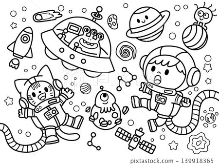Coloring book of children, cats, and space Coloring book of children, cats, and space 139918365