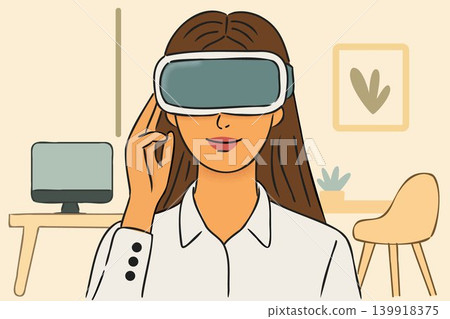 Female employee using virtual reality goggles for work from home. Female employee using virtual reality goggles for work from home. 139918375