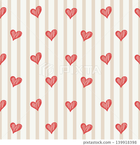 Red hand-drawn hearts on striped beige background Red hand-drawn hearts on striped beige background 139918398