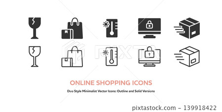 Vector icon set for online shopping (line art and colored versions) including "Fragile," "Express Delivery," and "PC Security" Vector icon set for online shopping (line art and colored versions) including "Fragile," "Express Delivery," and "PC Security" 139918422