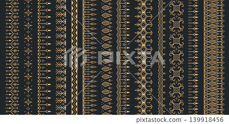 Seamless Geometric Pattern Set. Gold on Black Tribal Ornamental Design Seamless Geometric Pattern Set. Gold on Black Tribal Ornamental Design 139918456