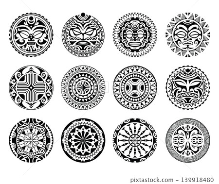 Polynesian Maori Tribal Tattoo Collection Round. Circular Traditional Ornaments Polynesian Maori Tribal Tattoo Collection Round. Circular Traditional Ornaments 139918480