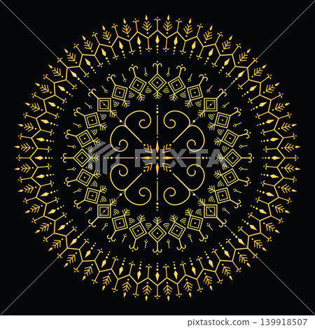 Gold Mandala Tribal Ornamental Design on Black Background Gold Mandala Tribal Ornamental Design on Black Background 139918507