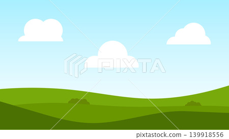 green field with fluffy cloud and blue sky. nature landscape cartoon scene background green field with fluffy cloud and blue sky. nature landscape cartoon scene background 139918556