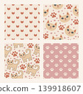 Retro 70s style cats seamless pattern set with kittens, paw prints and hearts 139918607