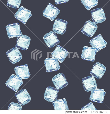 Watercolor Ice cubes vertical striped seamless pattern. Square frozen pieces of ice cubes hand drawn on isolated dark blue background for fabric, wallpaper, packaging water and drinks, wrapping paper. Watercolor Ice cubes vertical striped seamless pattern. Square frozen pieces of ice cubes hand drawn on isolated dark blue background for fabric, wallpaper, packaging water and drinks, wrapping paper. 139918792