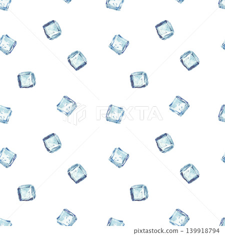 Ice cubes watercolor realistic seamless pattern. Blue, square pieces of ice cubes hand painted design on isolated white background for fabric, wallpaper, packaging of water and drinks, wrapping paper. Ice cubes watercolor realistic seamless pattern. Blue, square pieces of ice cubes hand painted design on isolated white background for fabric, wallpaper, packaging of water and drinks, wrapping paper. 139918794