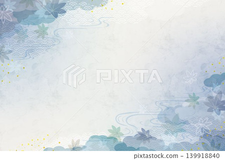 An elegant Japanese-style autumn background depicting blue maple leaves and flowing water. An elegant Japanese-style autumn background depicting blue maple leaves and flowing water. 139918840