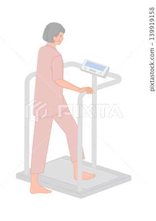 Health checkup for senior women using a scale with handrails Health checkup for senior women using a scale with handrails 139919158