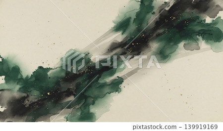 從鳥瞰視角可以看到灰色的日本紙，翠綠色和墨水從右上角斜向流淌。 139919169