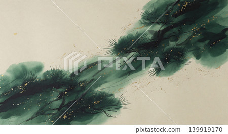 從鳥瞰視角可以看到灰色的日本紙，翠綠色和墨水從右上角斜向流淌。 139919170