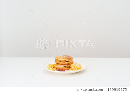 juicy beef burger with melted cheddar cheese, potato chips on table. Unhealthy, High calorie, Fast food craving, Obesity, diet, weight loss, junk food and lifestyle juicy beef burger with melted cheddar cheese, potato chips on table. Unhealthy, High calorie, Fast food craving, Obesity, diet, weight loss, junk food and lifestyle 139919375