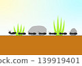 An illustration of a line of ants walking on the ground. 139919401