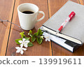 hot coffee with notebook planner for business work  139919611