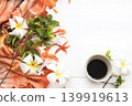 hot black coffee, orange scarf and  white flowers jasmine of lifestyle woman relax summer 139919613