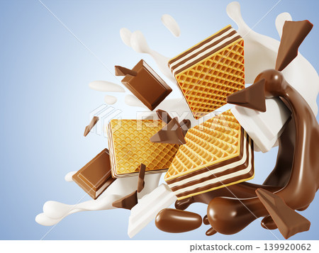 Chocolate wafer biscuits with milk splash wave and choco bar square pieces on blue background. Crispy waffle cookies with layers of vanilla and cocoa cream. Sweet dessert ad 3d banner. 3D illustration Chocolate wafer biscuits with milk splash wave and choco bar square pieces on blue background. Crispy waffle cookies with layers of vanilla and cocoa cream. Sweet dessert ad 3d banner. 3D illustration 139920062