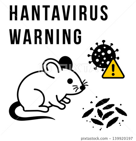 Hantavirus warning illustration with mouse, virus, droppings and hazard triangle, public health safety graphic for disease prevention, rodent contamination alert and medical infographic design 139920197