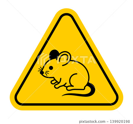 Mouse warning sign illustration, yellow triangular caution symbol with black rodent icon for pest control, infestation alert, hygiene risk and public health safety design 139920198